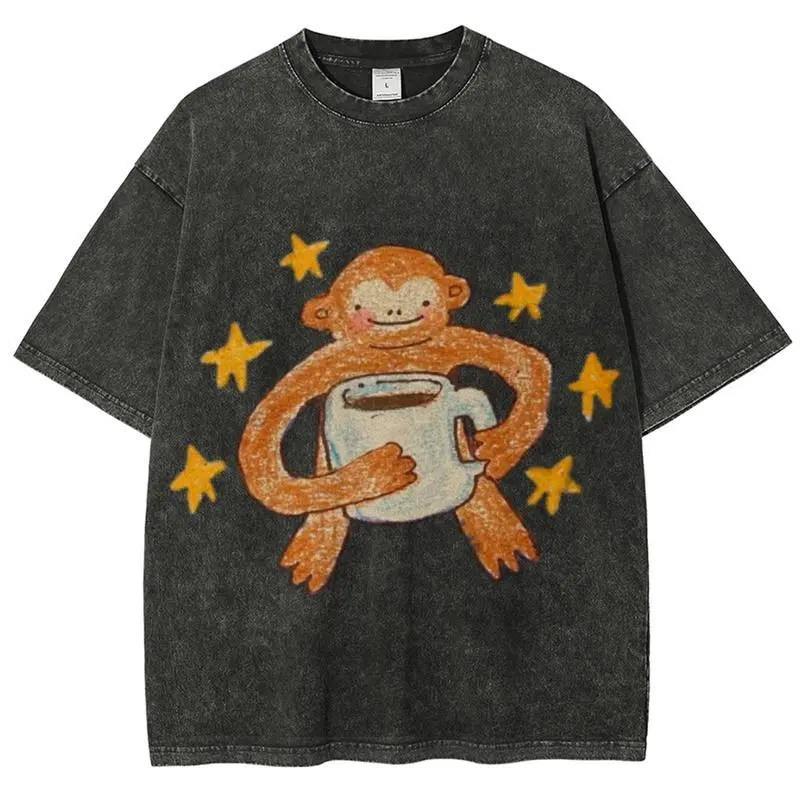 valentine shirts Star Monkey Unisex Vintage Washed Tee, Vintage Distressed Coloful Washed Tee- Wash Shirt - Natural Theme Unisex Streetwear