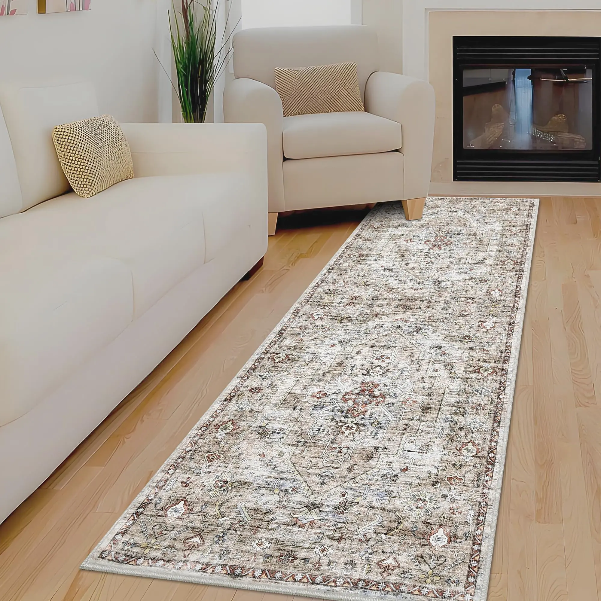 GARVEE Machine Washable Runner Rug 2×6 Stain Resistant Hallway Carpet with Non-slip Backing, Vintage Printed Area Rugs, Soft Low Pile Faux Wool Rug for Entryway, Kitchen, Laundry, Brown