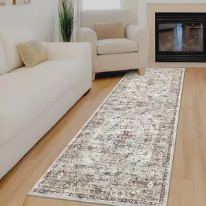 GARVEE Machine Washable Runner Rug 2×6 Stain Resistant Hallway Carpet with Non-slip Backing, Vintage Printed Area Rugs, Soft Low Pile Faux Wool Rug for Entryway, Kitchen, Laundry, Brown