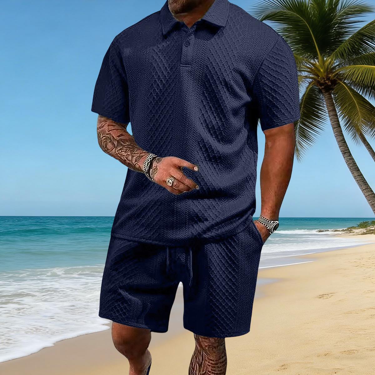Men's summer casual texture fabric solid color polo shirt T-shirt shorts 2-piece set, loose fit suitable for casual sports, breathable and cool, essential summer outfit, comfortable and versatile  Menswear Plain, Shortsleeve, 1 Set (Dark Blue)