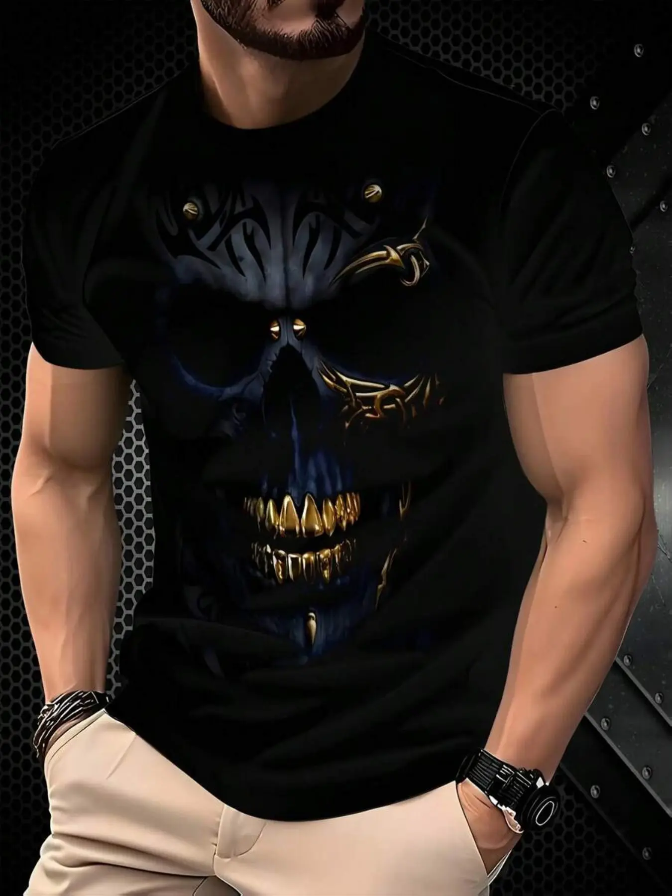 Men's Short Sleeve 3D Skull Print T-Shirt, Casual Classic Streetwear Tee with Accents, Knitted Fabric, Round Neck, All Seasons Wear, Menswear, Tops