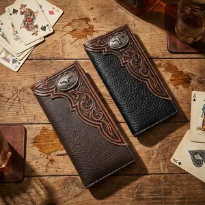 Mens Tooled Long Wallet Longhorn Concho Bifold Card Holder Soft Brown Coffee Leather Western Charm Everyday Use Ultra-strong Stitching Durability