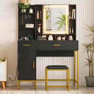 Garvee Vanity Desk with Mirror and Lights, 42.5" Makeup Vanity Set with Stool, Makeup Table with Mirror Cabinet and Chair, Drawers & Shelves, Dressing Table with Outlet for Bedroom, Black