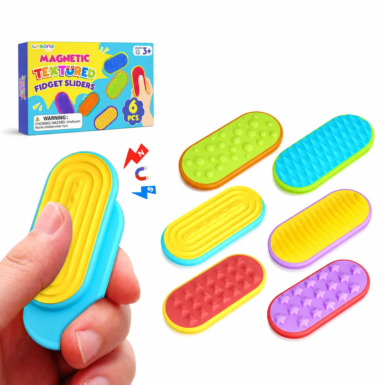 Sensory Magnetic Fidget Sliders for Kids & Adults, Silicone Quiet Desk Fidget Toys, Portable Travel Toys for Classroom Office, Party Favor Gifts, 6PCS, Textured Sensory Toys for Handheld Fun, Stocking Stuffers and Birthday Gifts