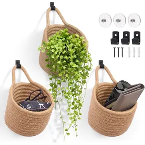 Fabric Wall  Baskets - 3Pack Woven Pouchs Boho Style Wall Mounted Bag with Adhesive Hooks, Storage Organizers and Decoration Pocket  Bins  Door Rack (Linen & Black, Large)
