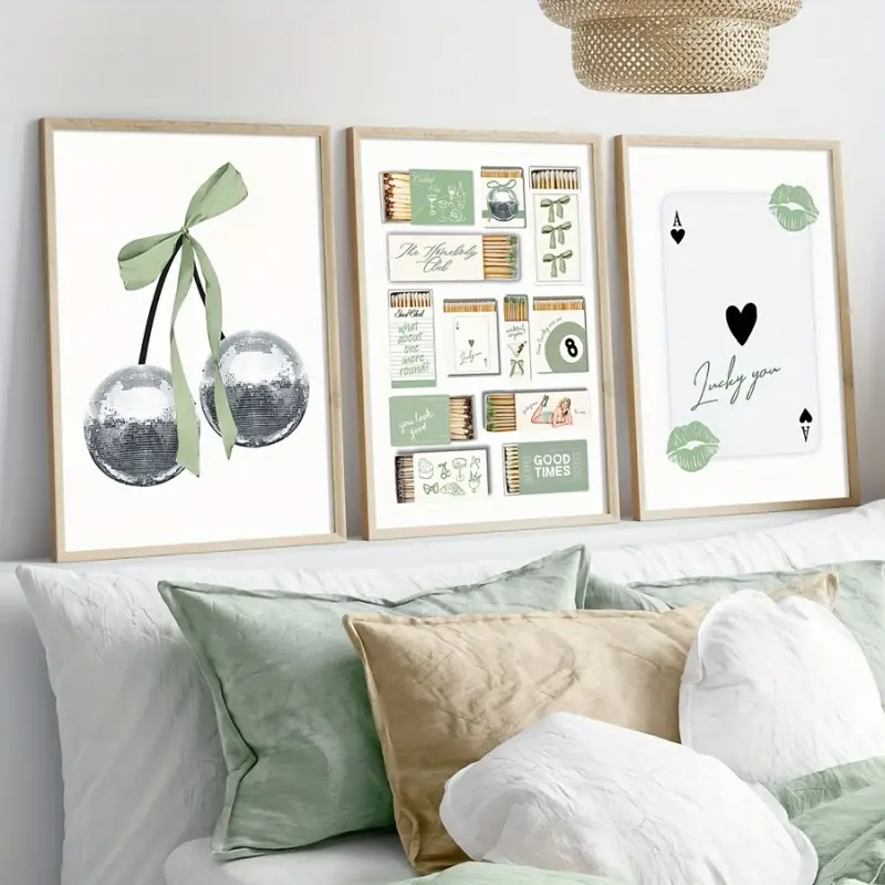 Set of 3 Sage Green Disco Cherry, Matchbox, Lucky you Print, Minimalist Print, Graphic Prints, Poker Art Canvas Poster, Modern Wall Art & Decor, Decorative Wall Art, Above Bed Wall Decor, Spring Decor, Ideal Gift for Living Room, Bedroom, Unframed