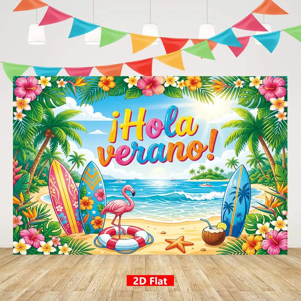 1PC,2D Flat Backdrop Hola Verano Summer Beach Backdrop, Tropical Flowers Surfboard Flamingo Design, Party Festival Scene Decoration Backdrop, Ideal for Summer Themed Events, Beach Party, Holiday Decor