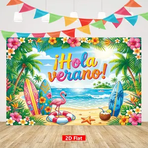 1PC,2D Flat Backdrop Hola Verano Summer Party Backdrop, Spanish Tropical Beach Flamingo Surfboard Theme Background Cloth, Sea, Flower, Beach Scene, Party Photo Banner, Festival Decoration Backdrop