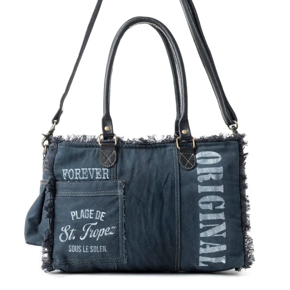 Women's High-Capacity Coastal Recycled Steel Tote Bag - Blue, Leather Accents, Typography Details, Zip Closure, Double Leather Handles, Distressed Edges, Exterior Pockets for Weekday Commutes, Double Handle, Blue Denim Women's Tote Bags, Graphic