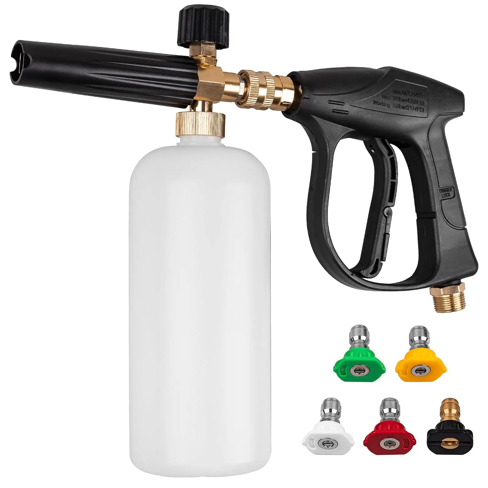 Car Pressure Washer Short Gun, Foam Cannon with 1/4 Inch Quick Connector, Power Washer with 5 Pressure Washer Nozzle Tips, M22-14mm Inlet Connector