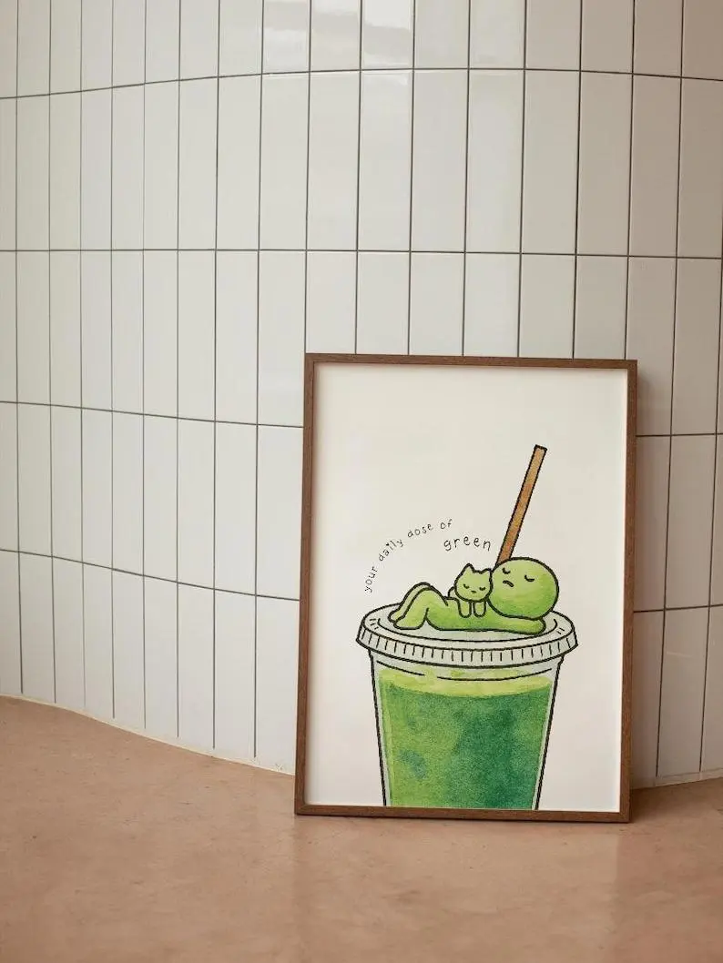SMISKI Matcha Cat Poster - Y2K Coquette Aesthetic Wall Decor,  No frame
