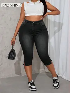 Women's Plus Size Denim Capri Jeans, High Waist Stretchy Butt-Lifting Fit, Casual Vacation Style, Comfortable Breathable Leg Shaping, Spring Summer Daily Wear
