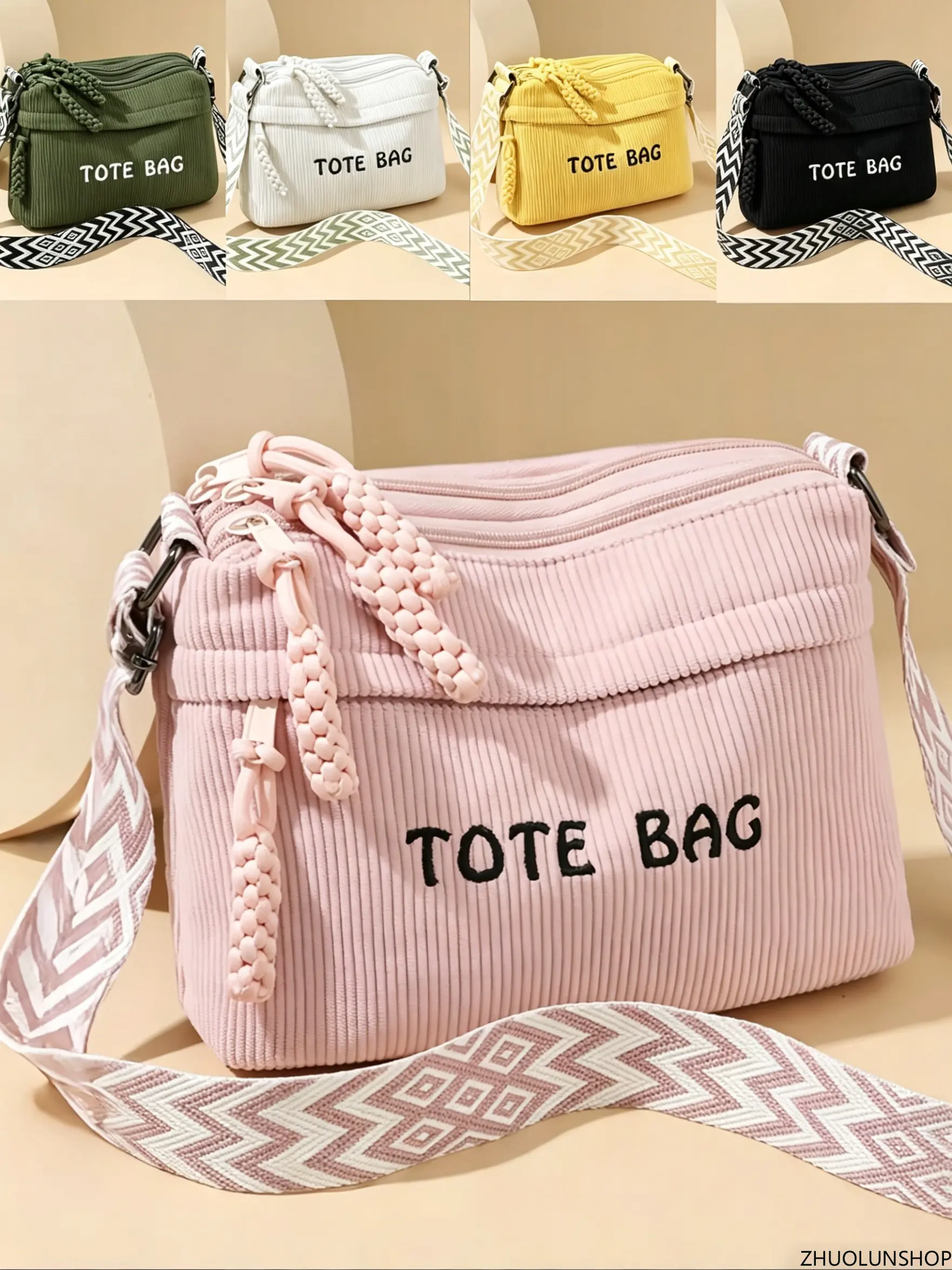 Cute Corduroy Tote Bag for Women, Small Crossbody Shoulder Bag with 3 Zipper Pockets, Fashion Casual Purse with Braided Charm, Multi-color Daily Handbag for Girls, Casual Bags, Fashionable Bag