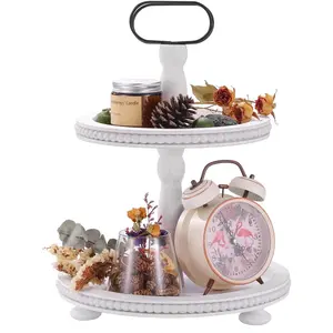 Wooden rative Tray Two Tiered Trays rations Round Serving Tray with Metal Handle, Wooden Cupcake Stand for Party Tiered Dessert Stand - Retro White   Tray