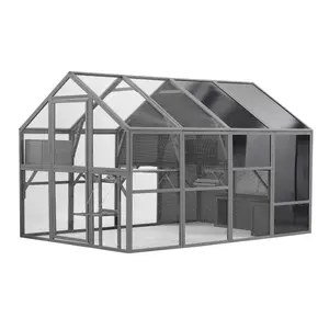 Luxury Cat Cage Outdoor Wooden Catio Enclosure Patio Large Cat Run House for Multiple Pets Walk in Kitten Kennel with Bouncy Bridge, Platforms, Small Houses, Seating and Sunshine Panel- 108.7'', Gray    RR Carrier