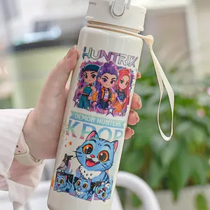 Cartoon Anime Water Cup Reusable Hard Plastic Bottle with Lid and Straw Eco-Friendly Durable Fashionable School Travel Party Use