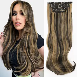 ALXNAN Clip in Hair Extensions - Thick Long Straight Layered Hair Extensions, Black Mix Blonde, 5PCS 20 Inch Soft Lace Weft