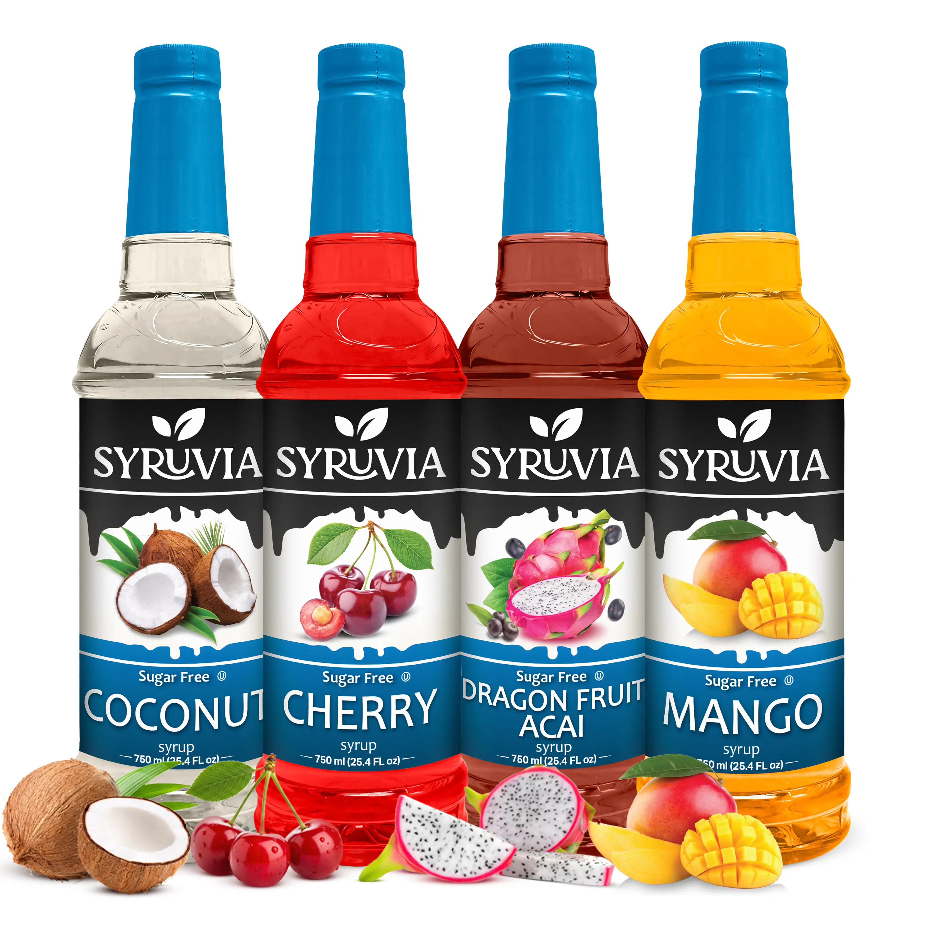 Syruvia Sugar Free Fruit Syrup Variety Pack – Coconut, Cherry, Dragon Fruit & Mango – Gluten-Free, Kosher, 25.4 fl oz Bottles – Ideal for Lemonades, Iced Teas & Cocktails (4-Pack)
