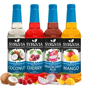 Syruvia Sugar Free Fruit Syrup Variety Pack – Coconut, Cherry, Dragon Fruit & Mango – Gluten-Free, Kosher, 25.4 fl oz Bottles – Ideal for Lemonades, Iced Teas & Cocktails (4-Pack)