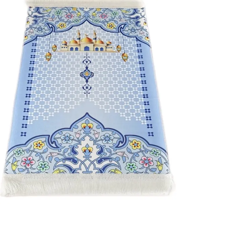 Children's Prayer Rug Blue 82x45 Cm 110 Gr With Free Rosary Tasbih Bead Set Included Decorative Design