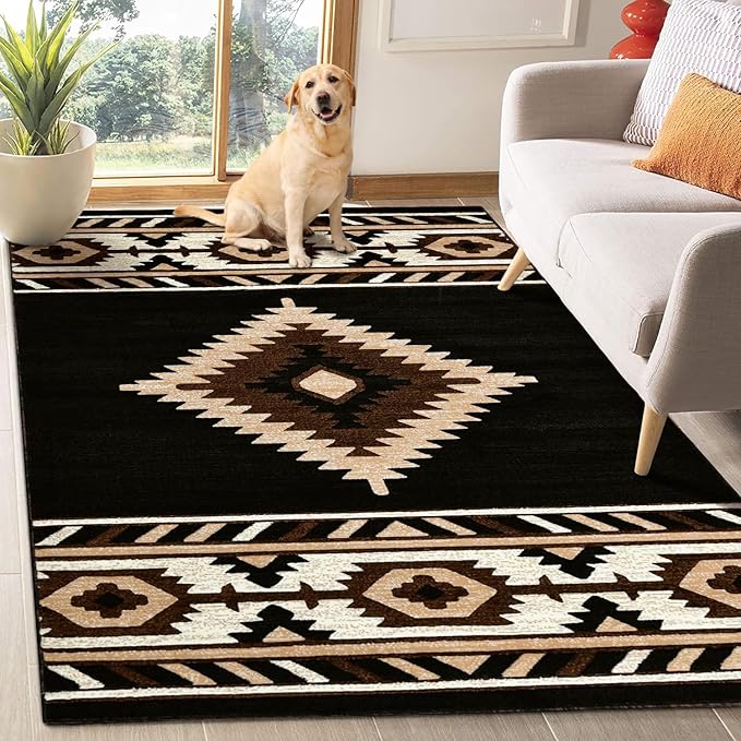 Southwestern Area Rug Washable, Soft Native American Tribal Floor Rugs for Living Room, Bedroom, Hallways, and More - Easy-to-Clean Home Decors - Black