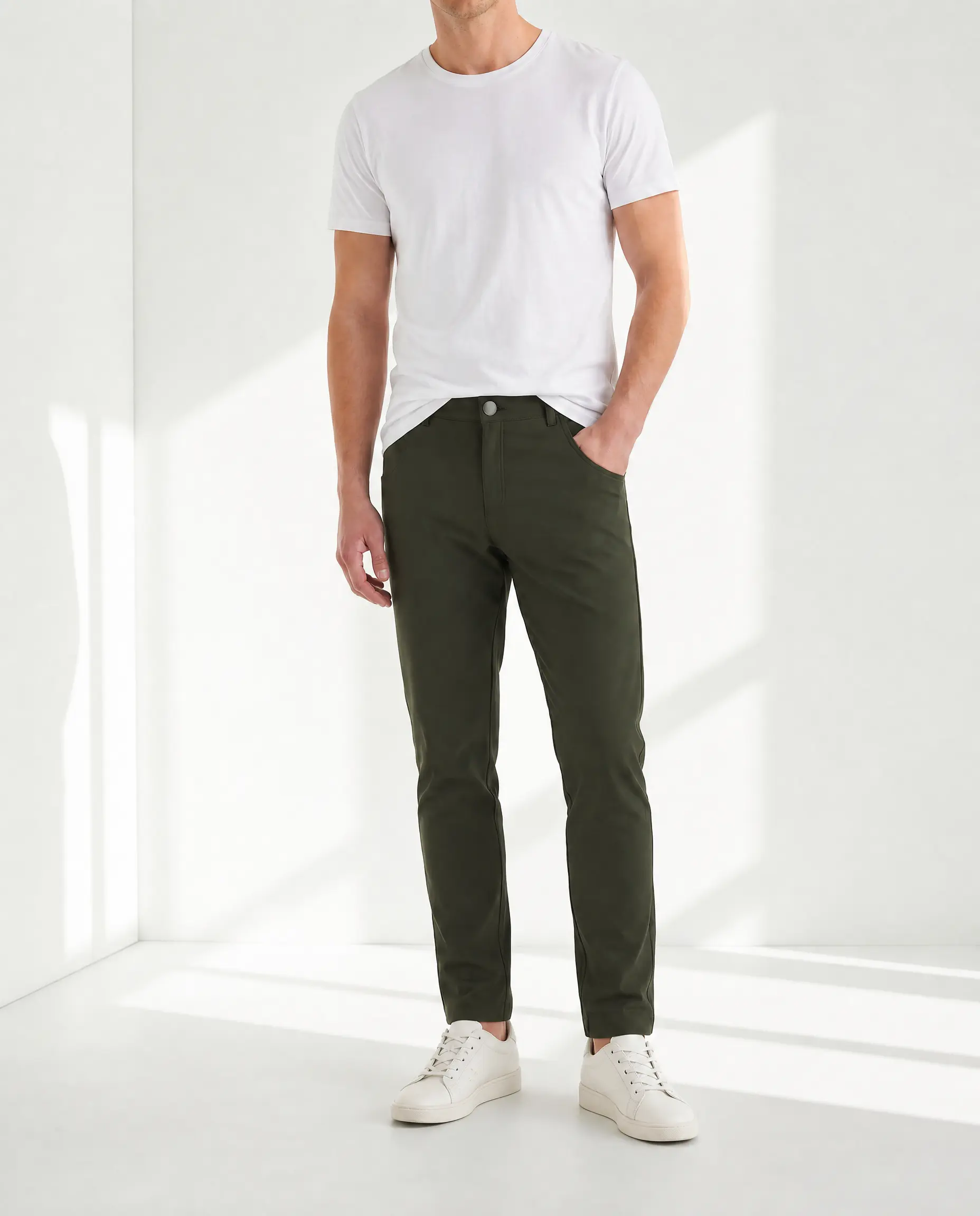 Men's High-Stretch Performance Chinos Trouser - Olive Woven Rayon-Nylon Fabric, Plain Business Casual Multi-Size Pants with Smooth Texture, Zipper Pockets