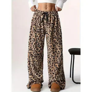 Leopard Print Drawstring Pants, Y2K Fuzzy Teddy Straight Leg Pants for Winter & Fall, Women’s Clothing