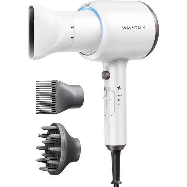Wavytalk Blown Away Ionic Hair Dryer with Diffuser for Curly Hair | 1875W Fast Drying, 3 Attachments for All Hair Types, Ceramic Healthy Shine, Lightweight & Quiet (White)