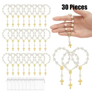 30Pcs/Set Mini Rosaries Baptism Rosary Beads,Acrylic Ivory Color Finger Baptism Rosaries Faux Pearls with Organza Bags for Christening Weddings Party Favors,Halloween Party Gifts