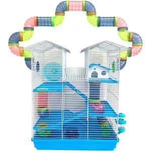 5-Level Large Expandable and Customizabl Cross Twin Tower Tube Tunnel Habitat Hamster Rodent Gerbil Mouse Mice Rat Home Cage with Hide House Exercise Running Wheel Water Bottle Food Bowl