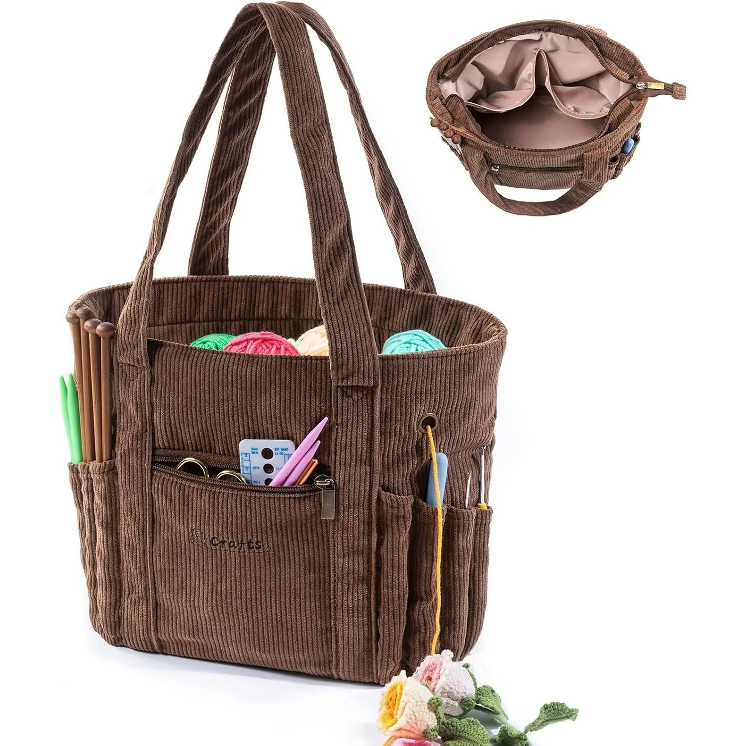 Crochet Bag and Tote - Corduroy Yarn Bag - Yarn Holder for Crocheting - Crochet Storage Bag for Crochet Hooks, Crochet Accessories, Knitting Bag for Crochet Lovers, Mother's Day