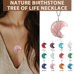 FindChic Crescent Moon Birthstone Tree of Life Necklace Natural Stone Heart/Teardrop/Hexagonal Prism Shape Pendant Necklace Casual Daily Unisex Jewelry Birthday Gift for Women Men