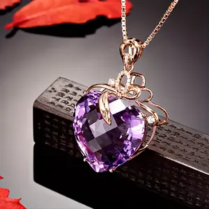 1pcs Amethyst Heart Pendant Necklace - Elegant Golden Love Symbol, Chic Valentine's Day Gifts Gift Set