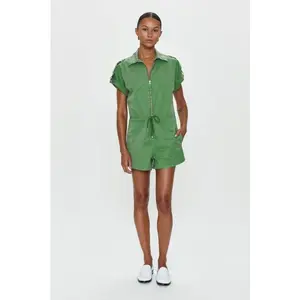 Women's Fitted Short-Sleeve 1-Piece Overalls - Casual Wear, Avocado Fabrics, Tie Waist, Zip Front, Flattering Cut MEG Romper with Multi-Size Options