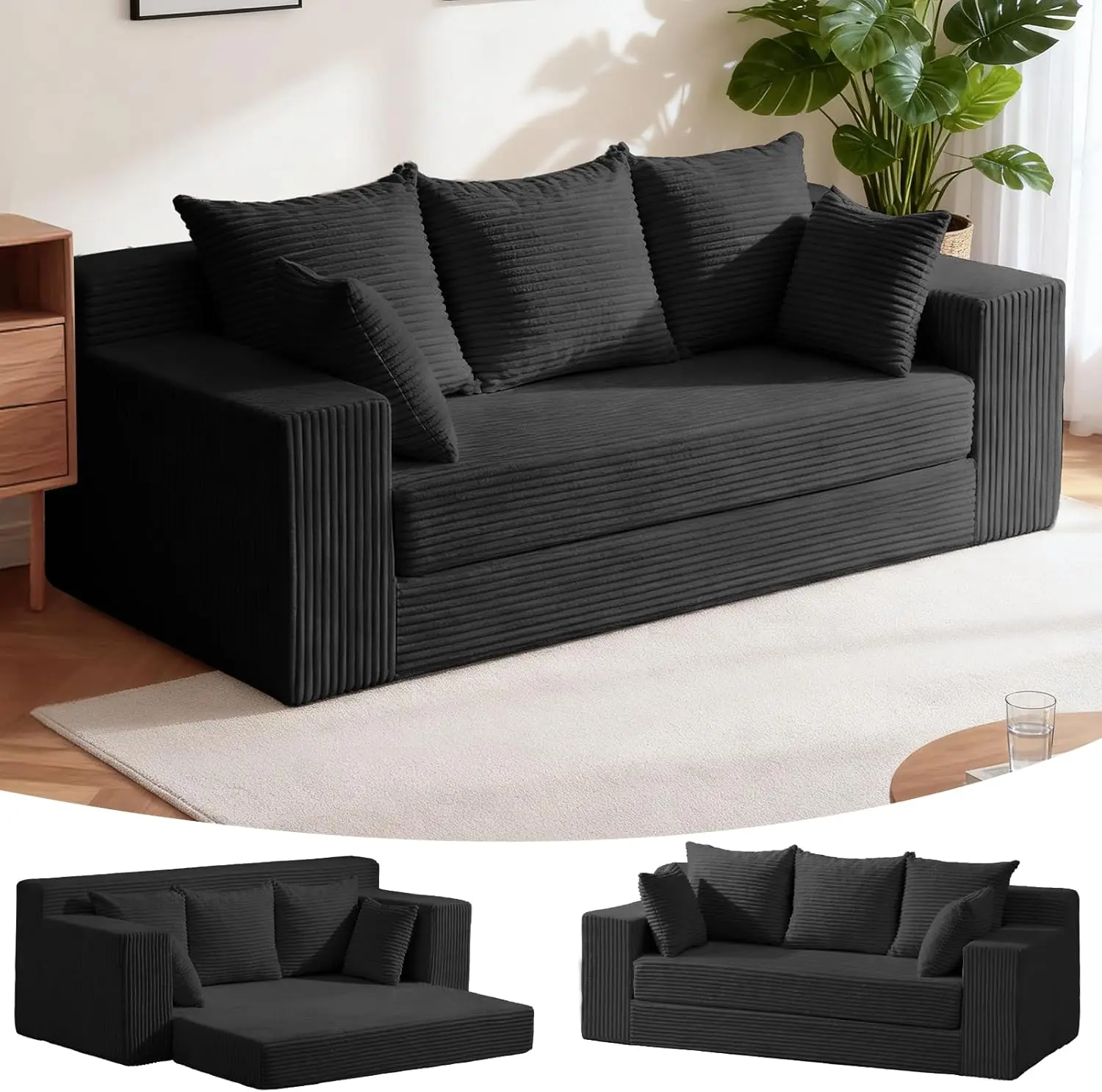 Winzoo 4-in-1 Convertable Sofa Bed Corduroy Oversized Loveseat /3 Seats boneless Couch  Floor Sleeper DIY Combination Lounge Comfy  for Living Room