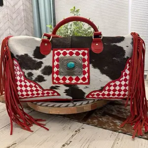 Red leather checkered cowhide Duffel
