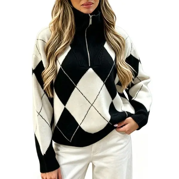 Fisoew Women's Argyle Knitwear - Quarter-Zip Turtleneck Long Sleeve Loose Fit Geometric Pattern Top, Adjustable Zipper, Soft Knit Fabric, Fall Winter Casual Preppy Style Pullover Jumper, Piece
