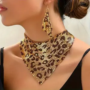 Leopard Print Mesh Sequin Choker Necklace & Earrings Set - Bold, Trendy Costume Jewelry Statement Set for Party