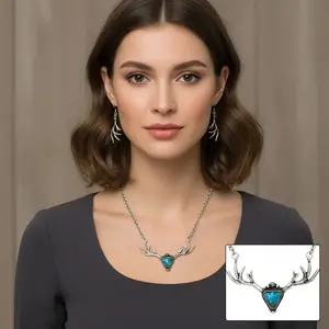 Deer Antler Turquoise Stone Necklace Earrings Set