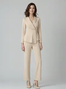 D549 Women's Plus Size Beige Blazer with Asymmetrical Collar & Wide-Leg Pants Set Formal Office Workwear 2-Piece Business Outfit
