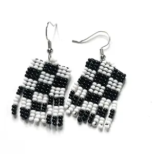 Alili Bold Accessories black   & white Checkered  Fringe A  Beaded Drop Earrings with Fringe Design