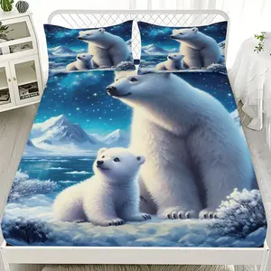 2/3pcs Polar Bear Mother And Cub Night Scene Background Series Fitted Sheet Set, Suitable For Bedrooms, Hotels, Dormitories And Other Places, Machine Washable (1 Fitted Sheet + 1/2 Pillowcase, No Core)