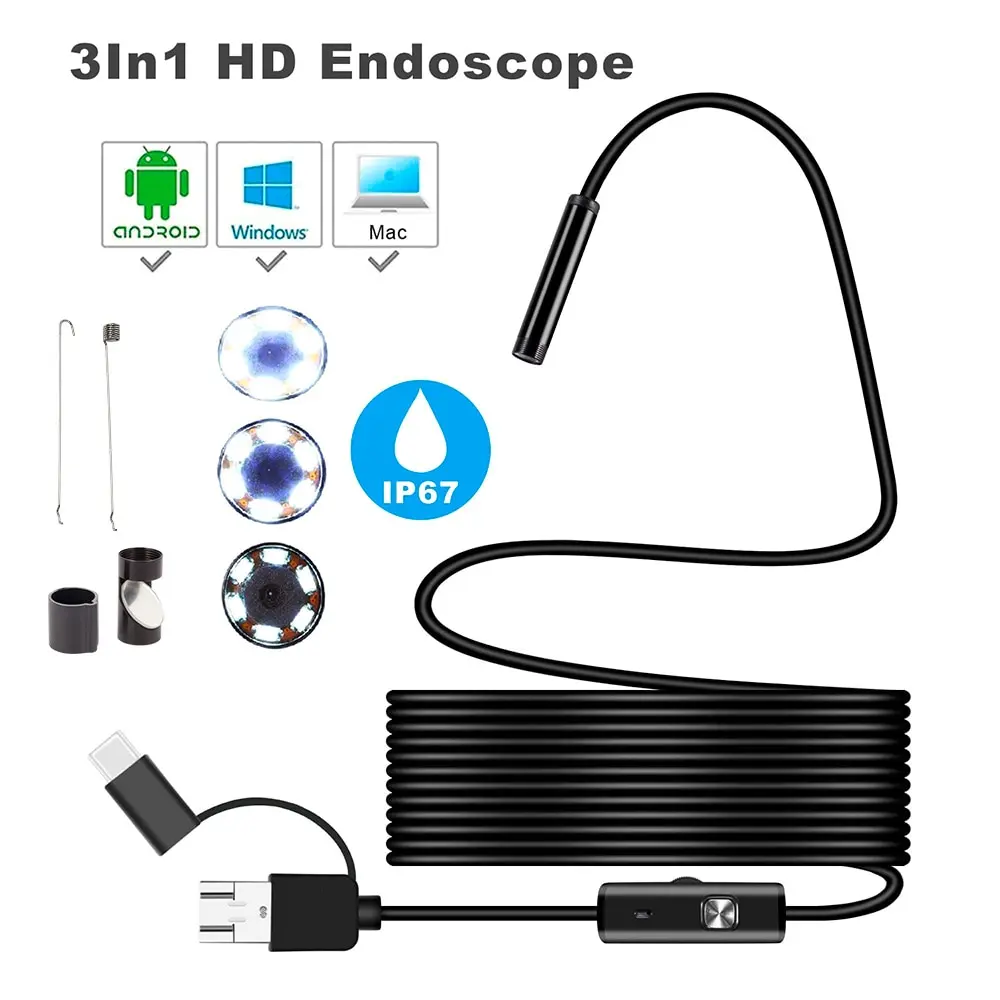 7MM Endoscope Borescope - 3-IN-1 Micro USB-Type C, 1M/2M Cable Length, Waterproof OTG Mini with LED Lights, Underwater Use for Car Inspection, -20~+85°C Compatibility, Endoscope Camera