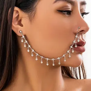 Copper Luxury Nose Clip and Earring Chain - 1pc Indian Style with Rhinestone Mosaic, Iron Post, Non-Feather - Party and Vacation Accessory for All-Season Wear