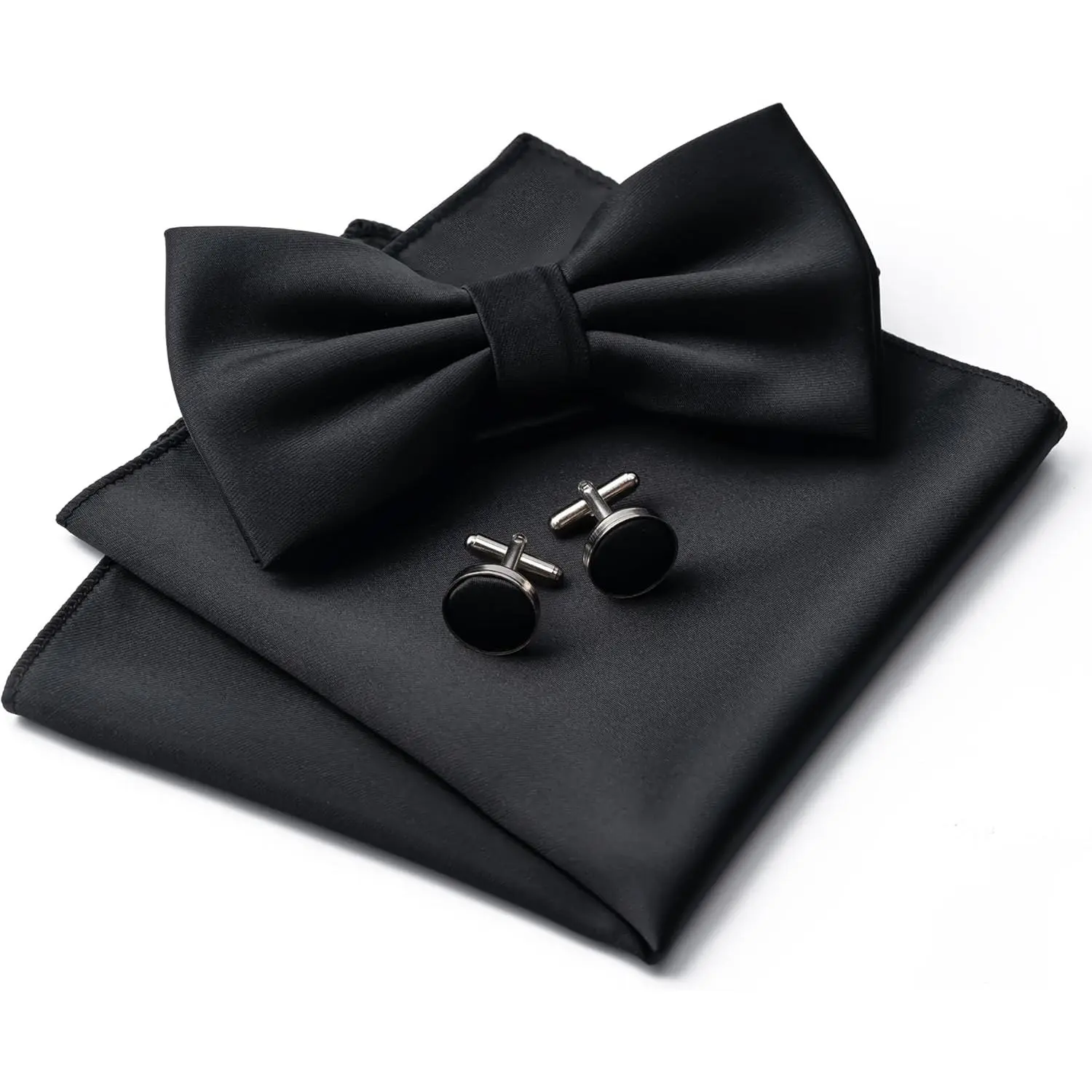 Men's Pre-tied Bow Tie Set in Solid Satin, 3-Piece Kit with Pocket Square & Cufflinks for Formal Tuxedo Wear, Weddings & Prom, Bow Tie Design