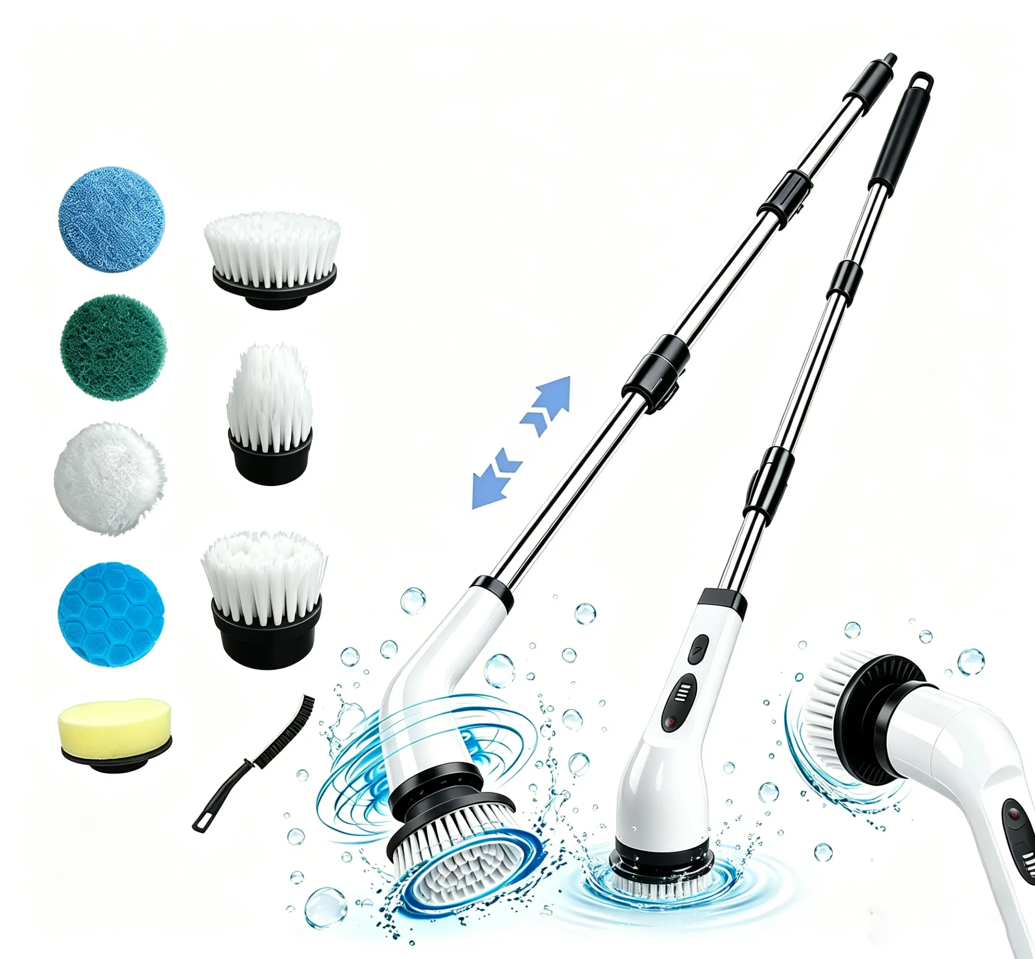 Electric Cleaning Brush, 9-in-1, Full-Body IPX7 Waterproof Cordless Electric Spin Scrubber with 8 Replaceable Brush Heads, 3-Stage Extendable Handle, Adjustable Extension Handle. Suitable for Bathroom, Kitchen, Toilet, Windows, Car, and Pool.