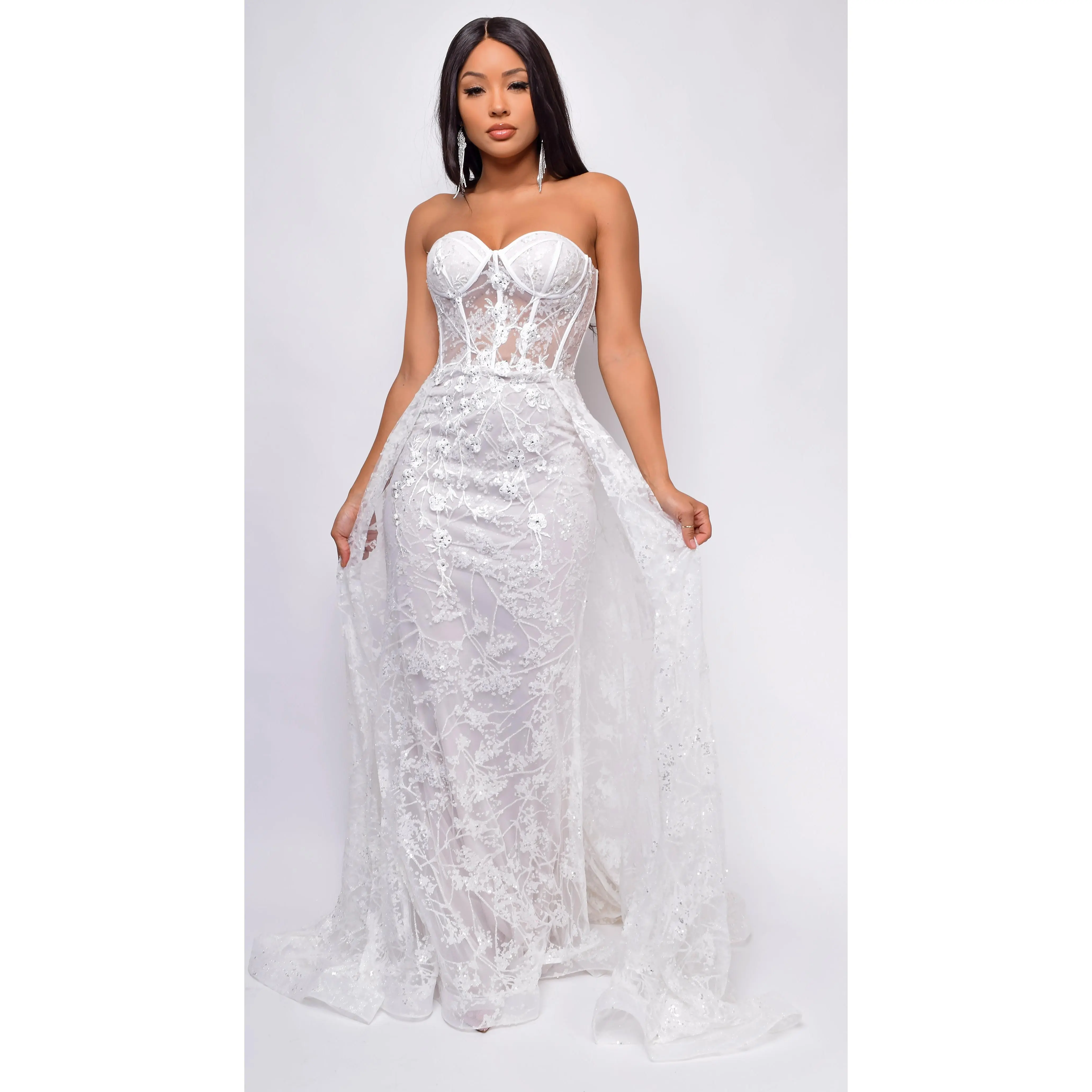 Inverness Strapless Floral Applique Tulle Overskirt Bridal Gown