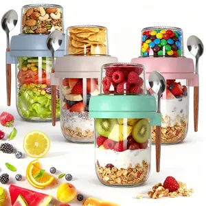 4PCS Double Layer Overnight Oat Containers with Lids, Dry and Wet Separated Yogurt Parfait Cups, Chia Pudding Glass Jars for Oats, Granola, Nuts, Fruit and Salad, Portable Meal Prep Breakfast Cups, Random Colors