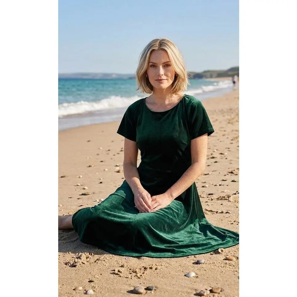 Women's Modest Comfortable Crew Neck Classic Short-Sleeve Crimson Skater Green Velvet Dress with Skirt Style by The Children's Place, Size XL