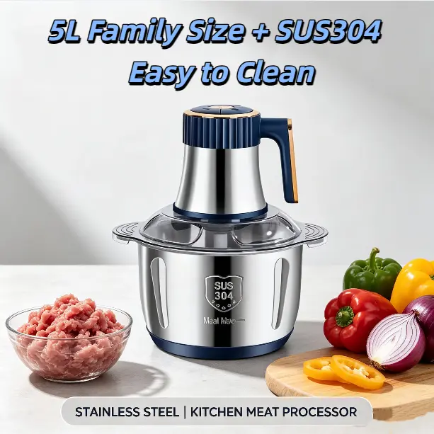 5L 5-Speed Stainless Steel Electric Meat Grinder - 5-in-1 Versatile Kitchen Companion, Meat Mincer, Blender, Filling Machine, Garlic & Chili Grinder, US Plug Household Use Power Tool